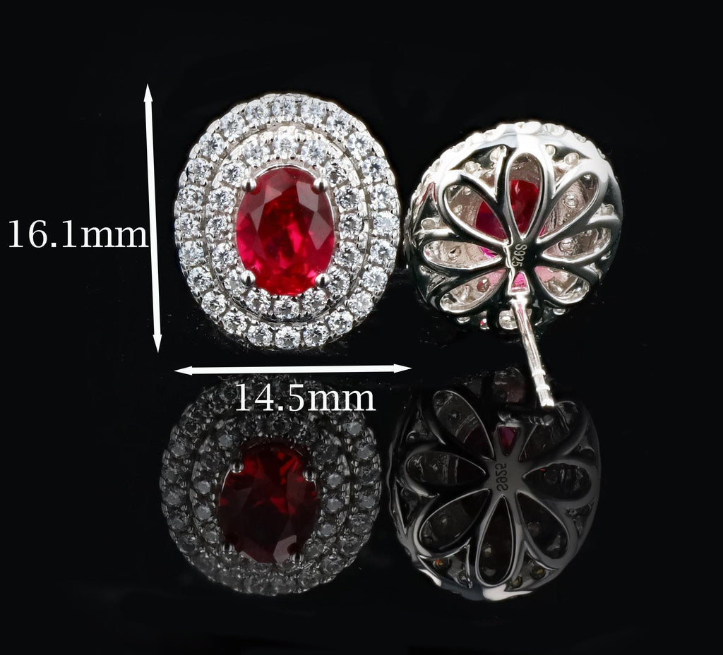 Double Halo Lab Grown Ruby Earrings in Sterling Silver
