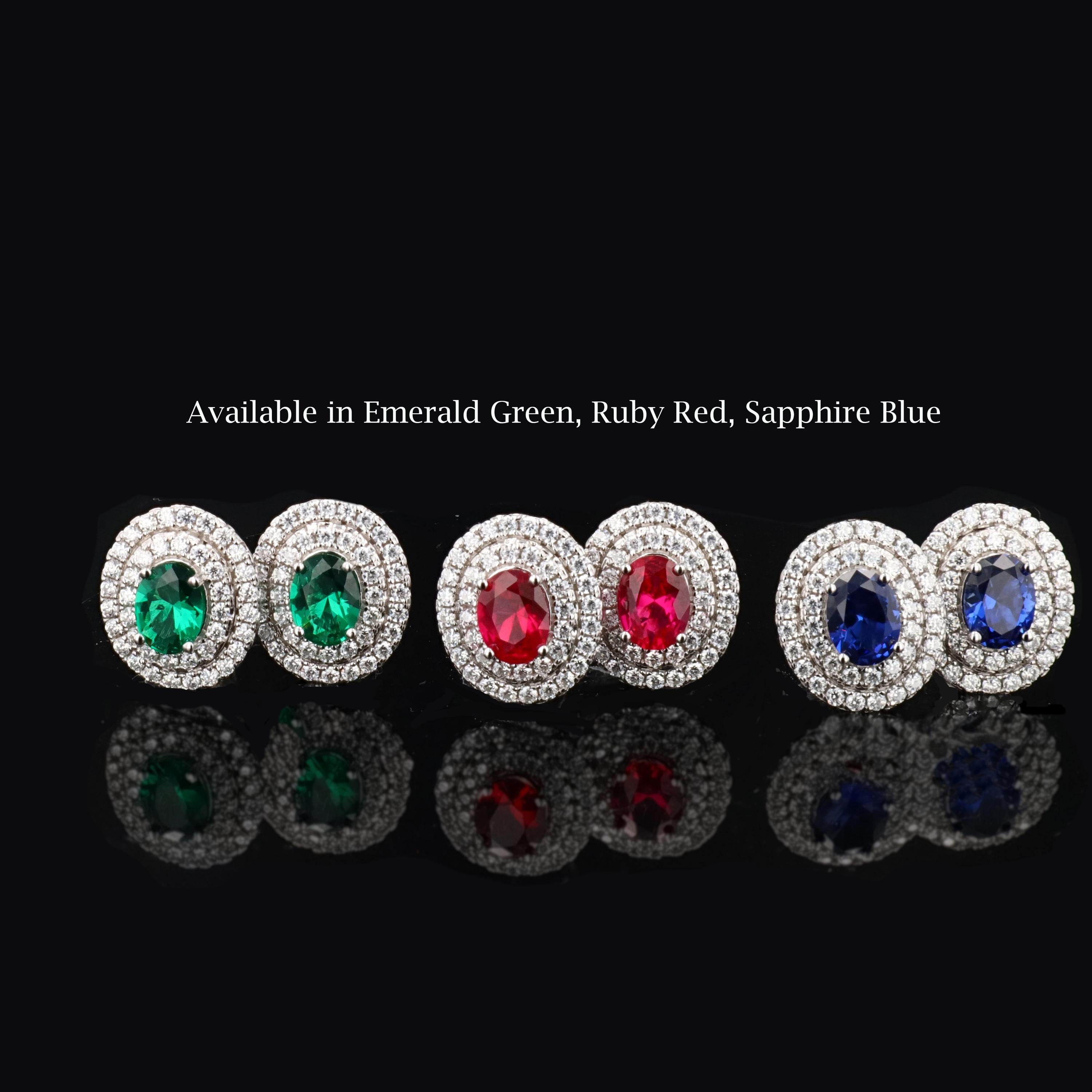 Double Halo Lab Grown Emerald Nano Crystal Earrings in Sterling Silver