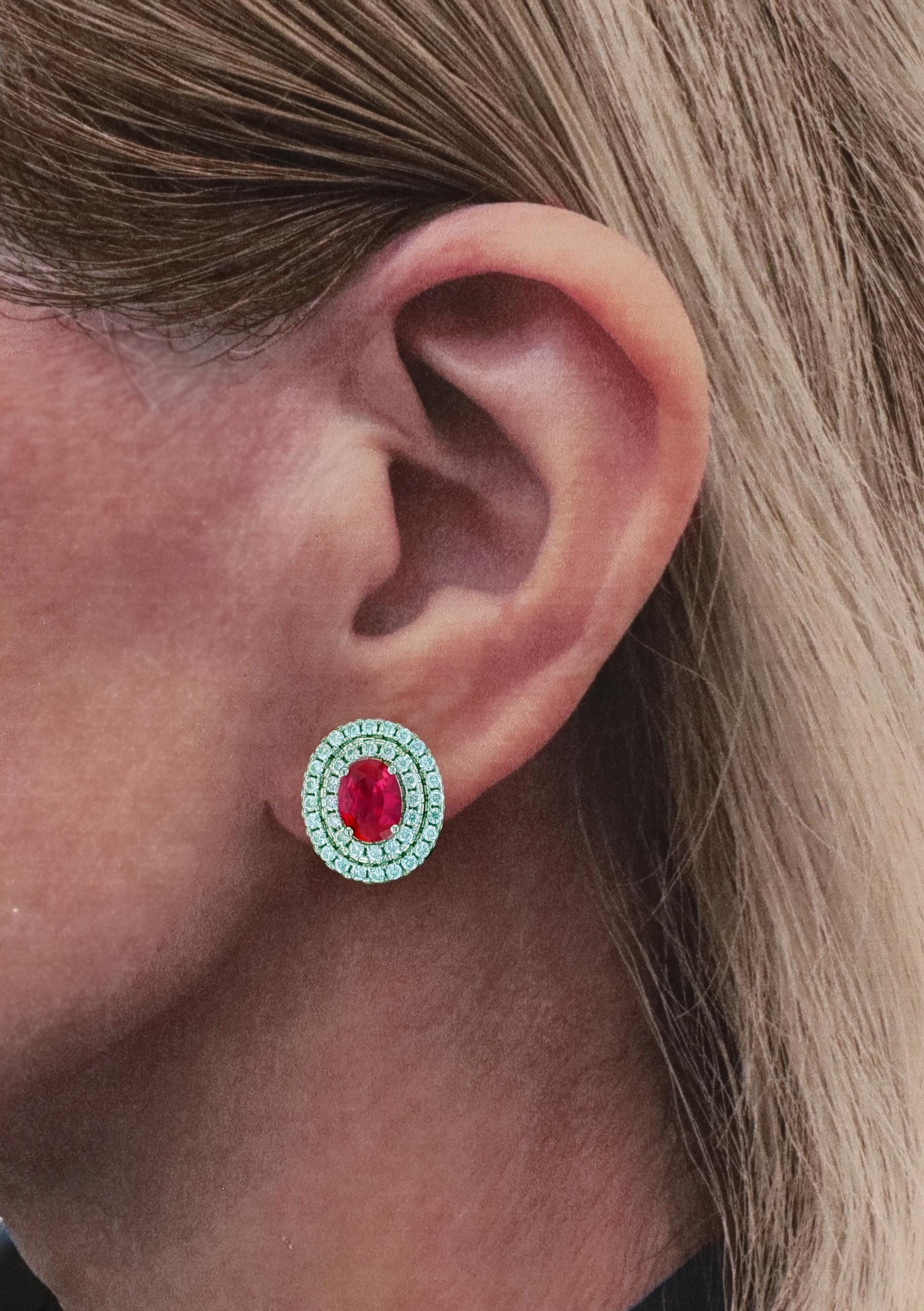 Double Halo Lab Grown Ruby Earrings in Sterling Silver