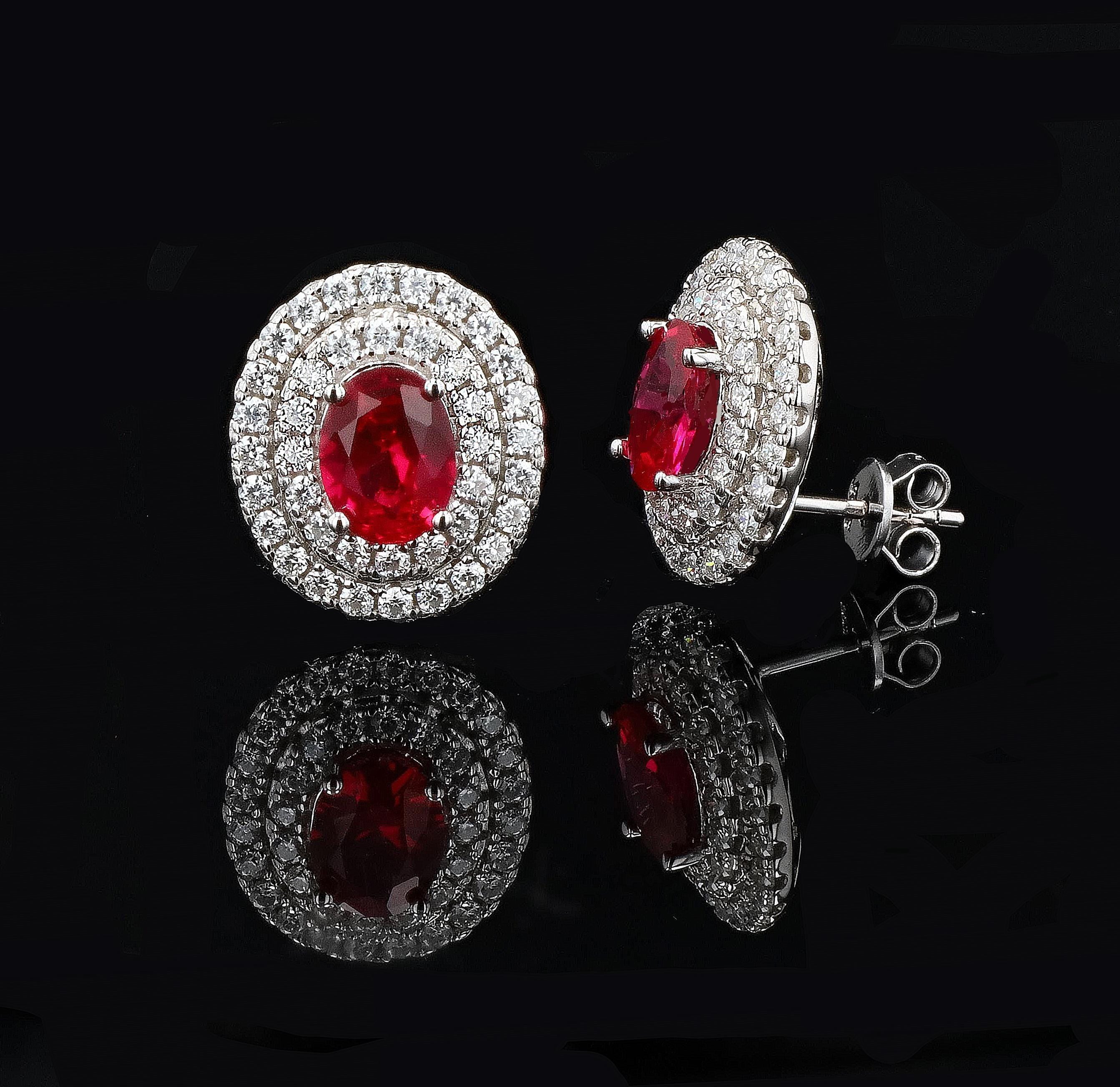 Double Halo Lab Grown Ruby Earrings in Sterling Silver