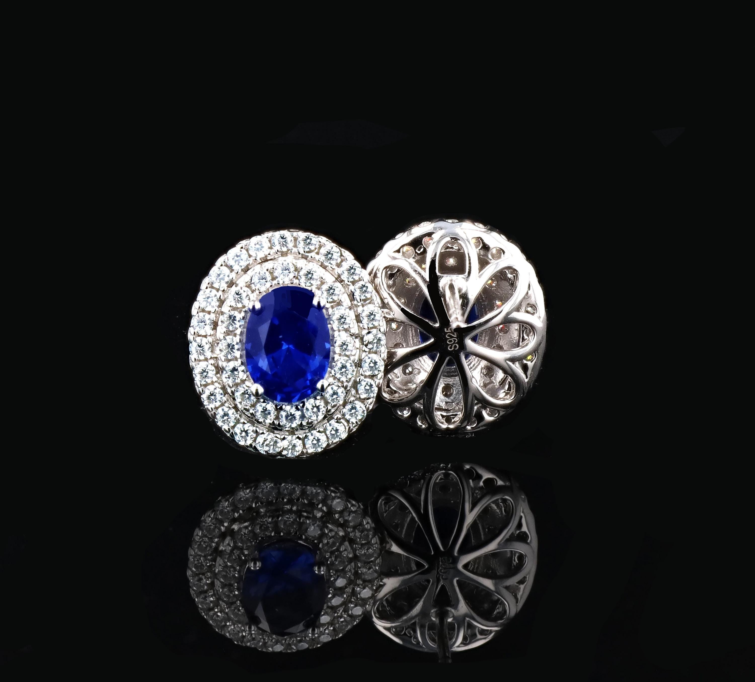 Double Halo Lab Grown Sapphire Earrings in Sterling Silver
