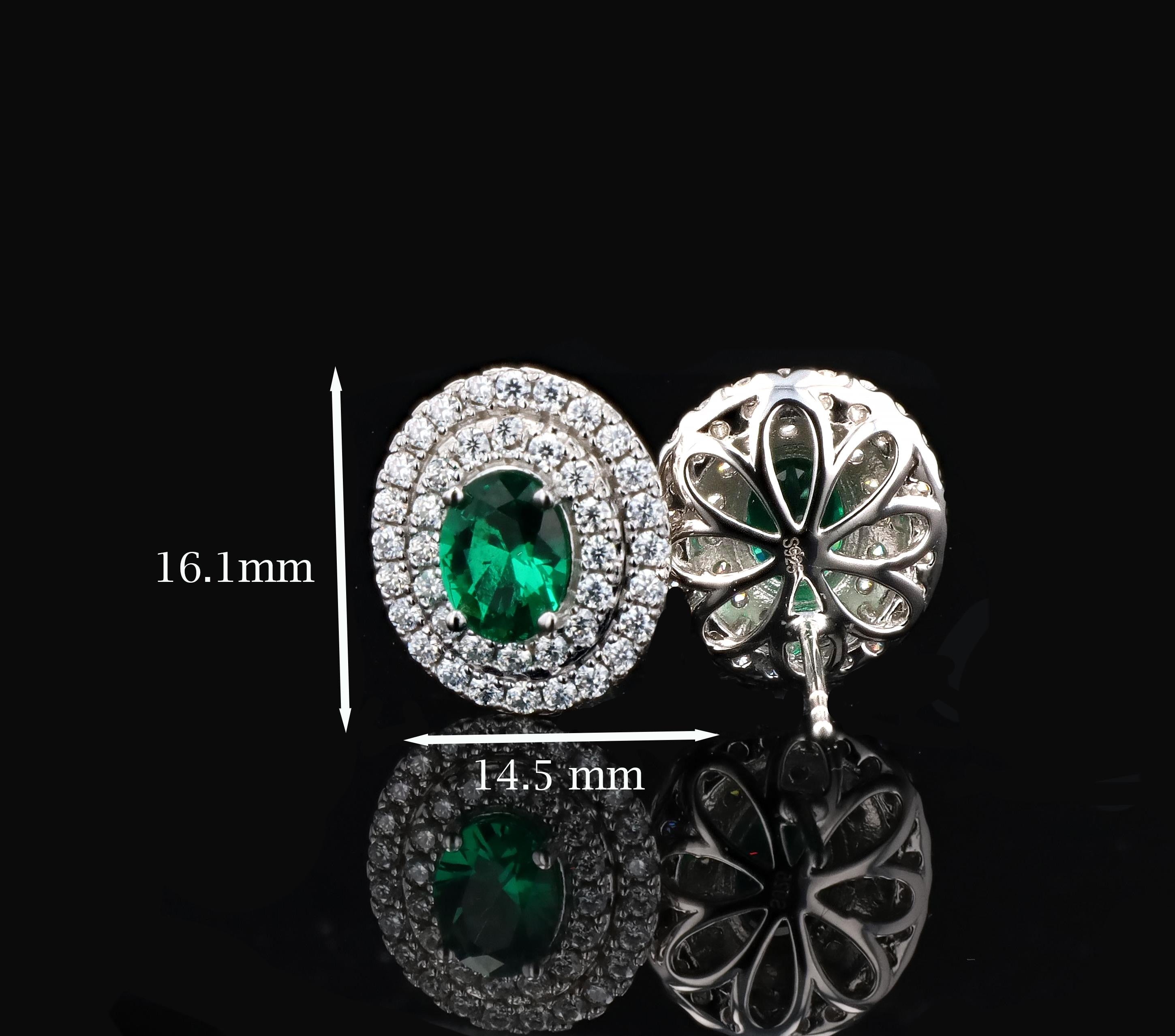 Double Halo Lab Grown Emerald Nano Crystal Earrings in Sterling Silver