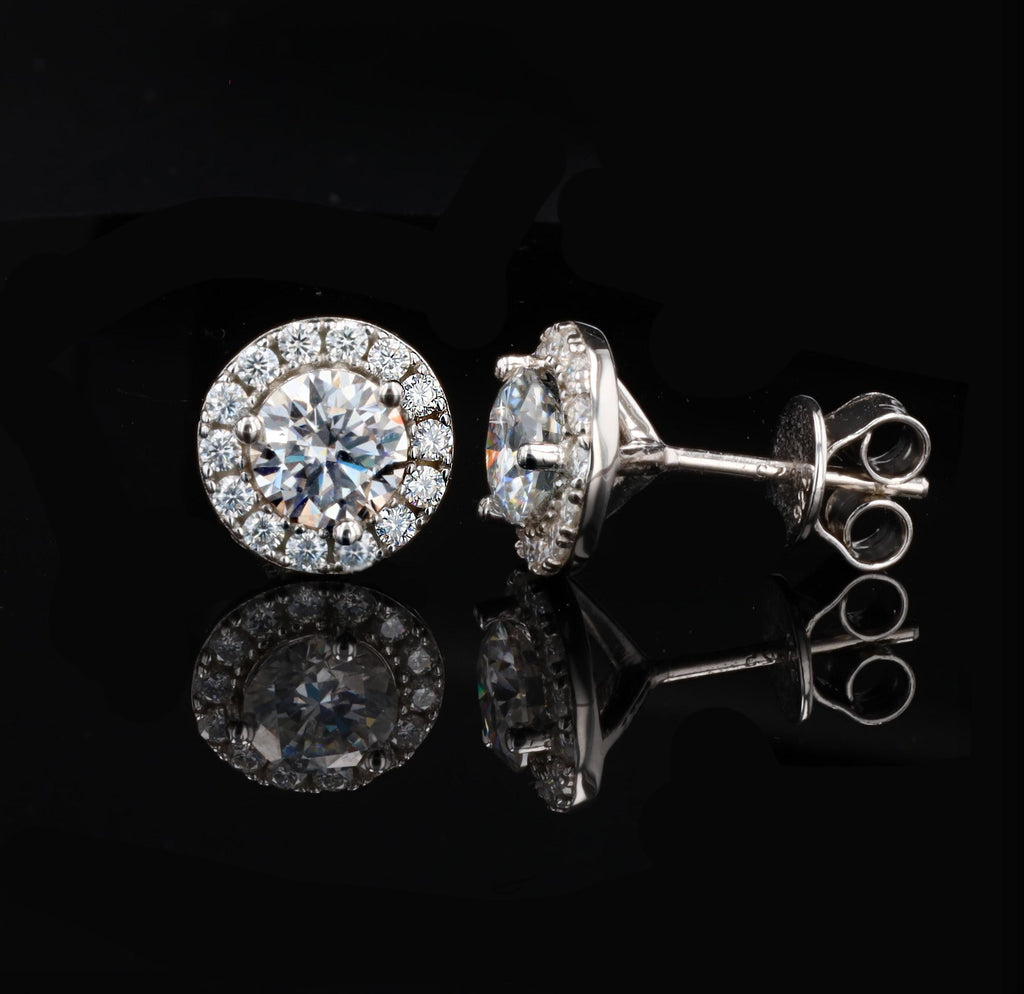 Round Moissanite Halo Studs in Sterling Silver