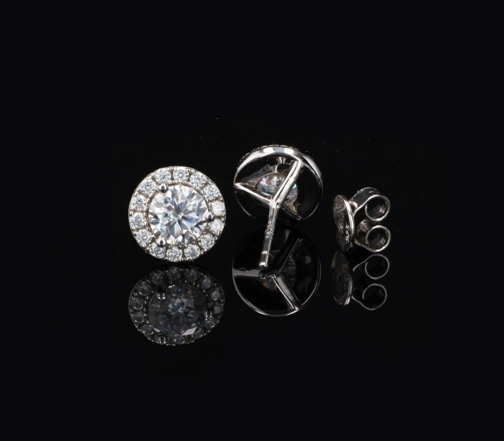 Round Moissanite Halo Studs in Sterling Silver