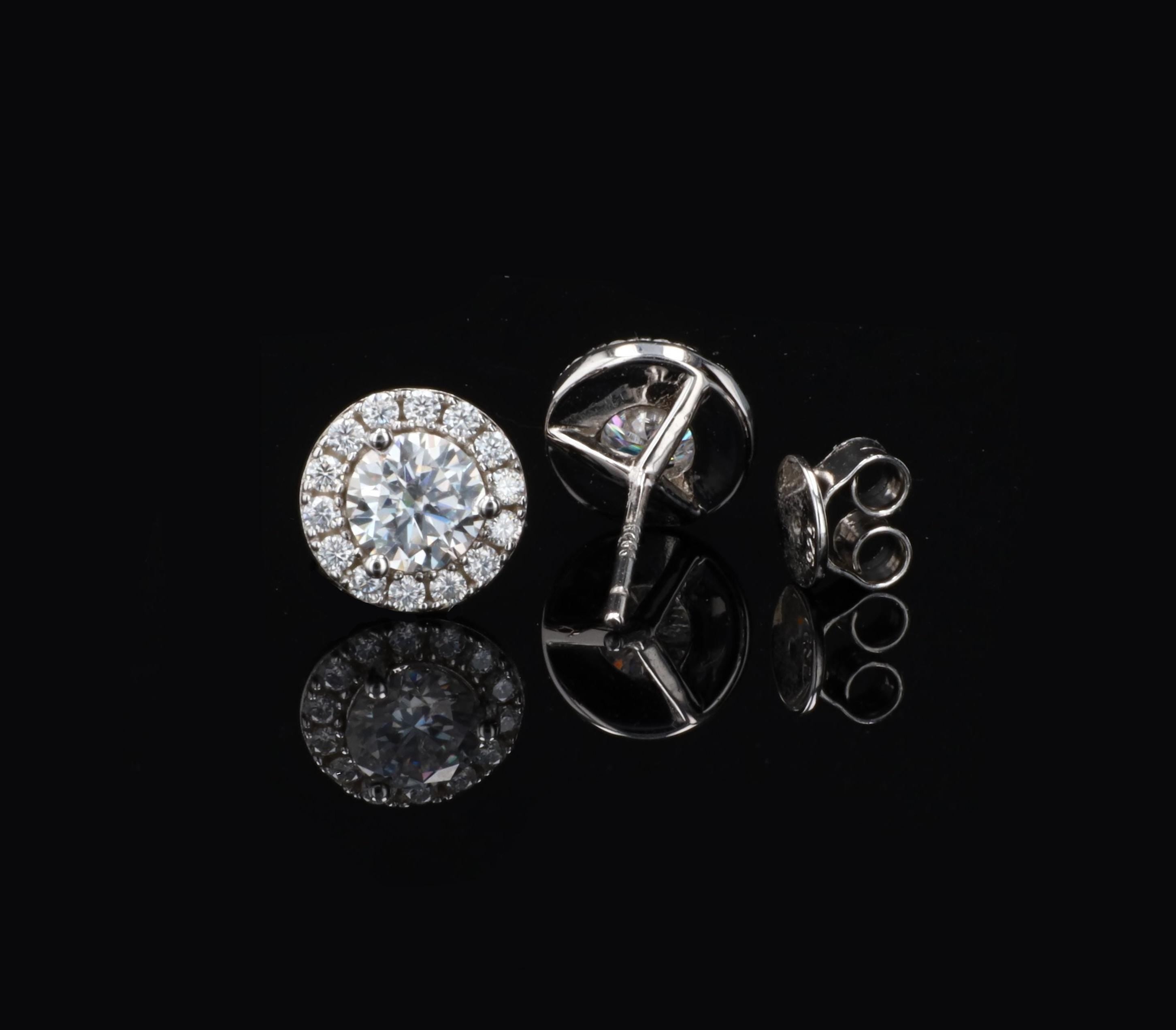 Round Moissanite Halo Studs in Sterling Silver